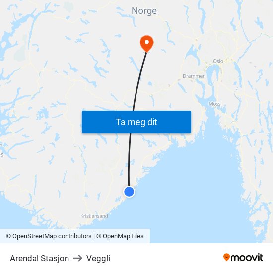Arendal Stasjon to Veggli map