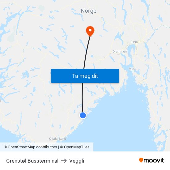 Grenstøl Bussterminal to Veggli map