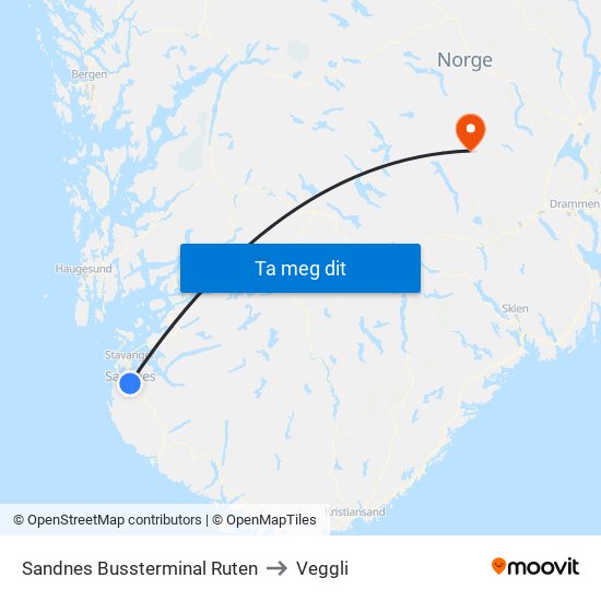 Sandnes Bussterminal Ruten to Veggli map