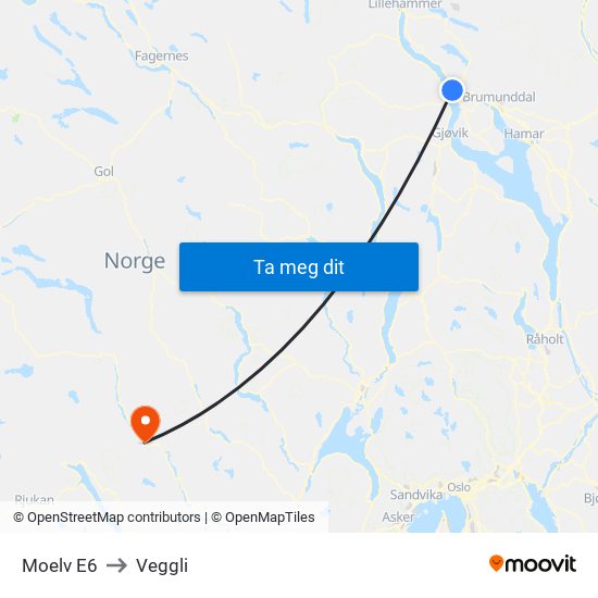 Moelv E6 to Veggli map