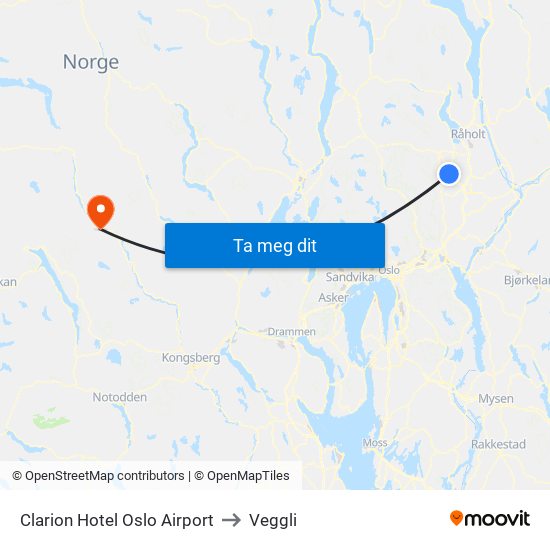 Clarion Hotel Oslo Airport to Veggli map