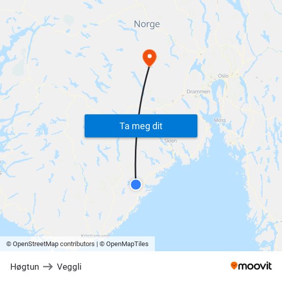 Høgtun to Veggli map