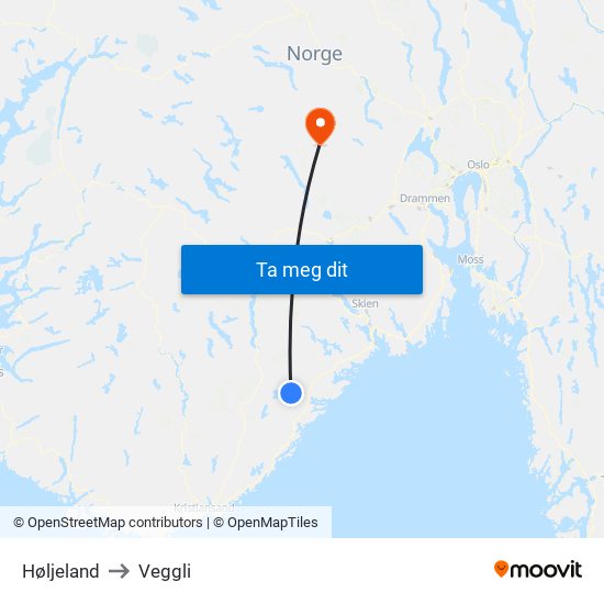 Høljeland to Veggli map