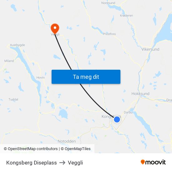 Kongsberg Diseplass to Veggli map