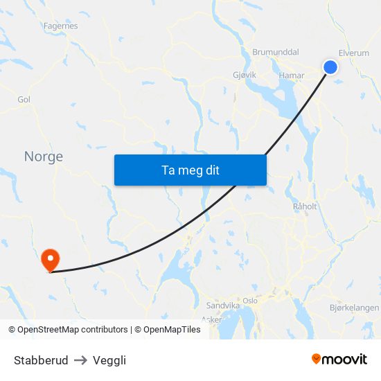 Stabberud to Veggli map