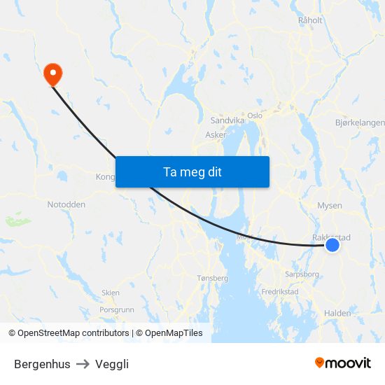 Bergenhus to Veggli map