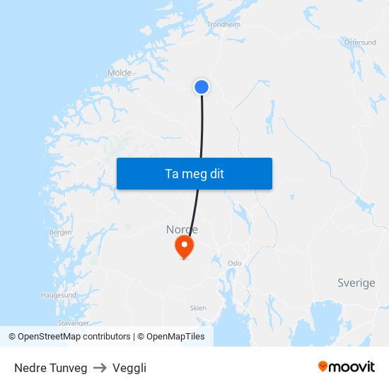 Nedre Tunveg to Veggli map