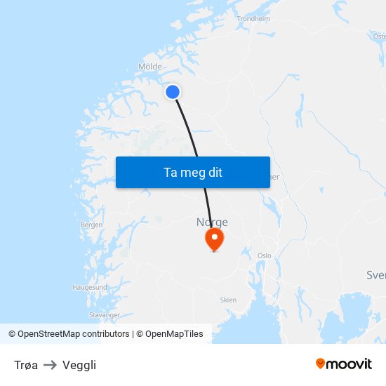 Trøa to Veggli map