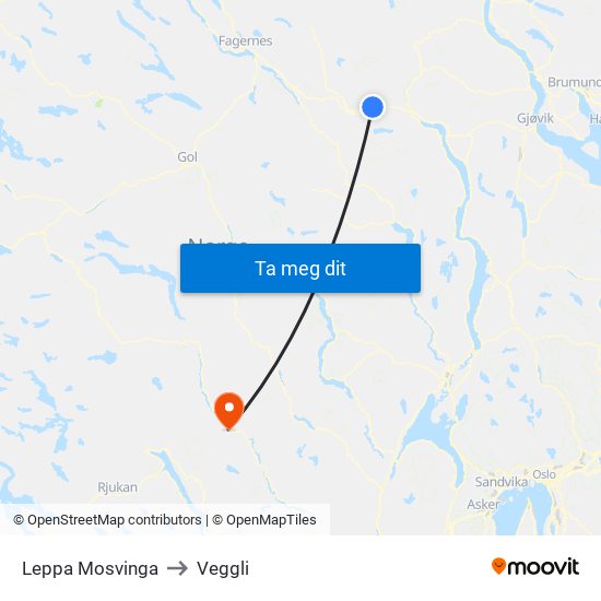 Leppa Mosvinga to Veggli map