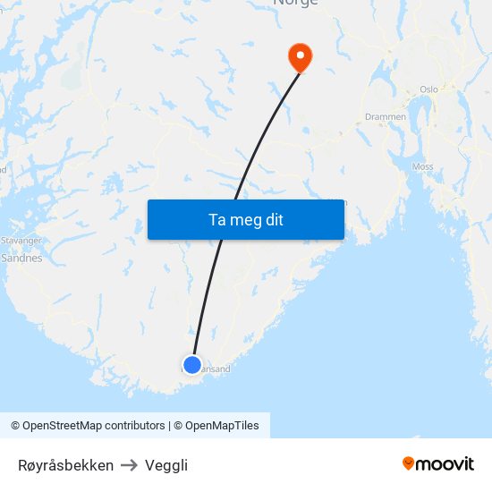 Røyråsbekken to Veggli map