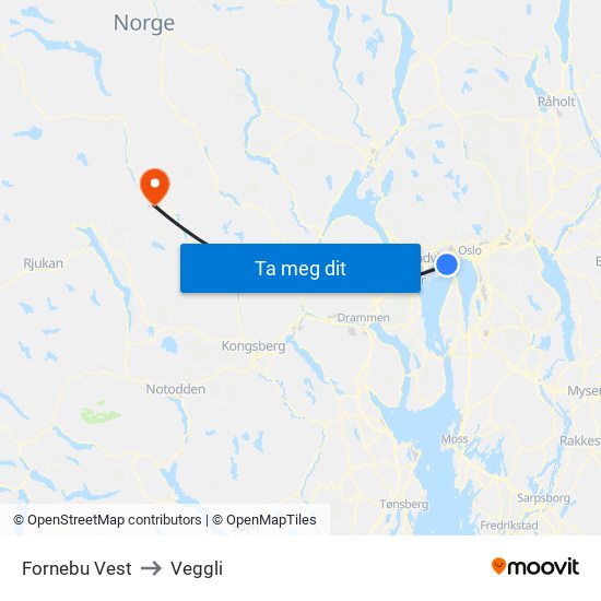 Fornebu Vest to Veggli map