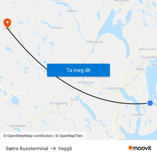 Sætre Bussterminal to Veggli map