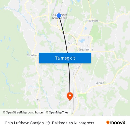 Oslo Lufthavn Stasjon to Bakkedalen Kunstgress map