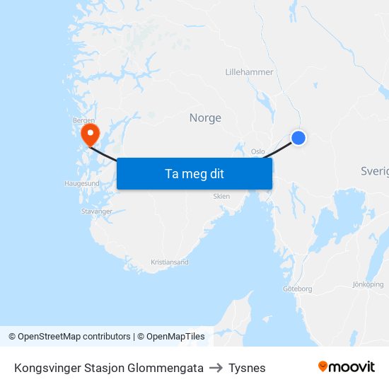Kongsvinger Stasjon Glommengata to Tysnes map