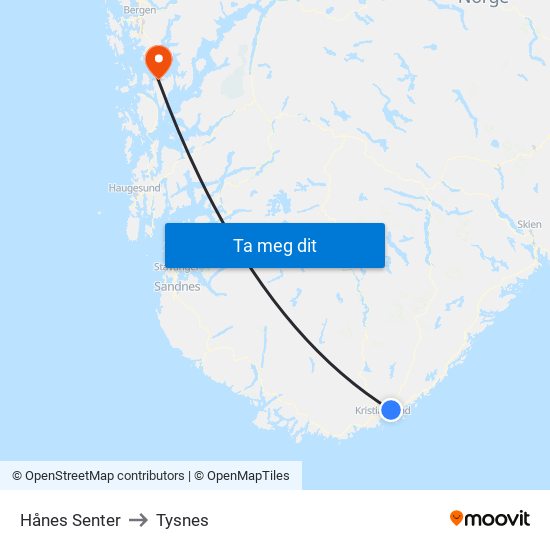 Hånes Senter to Tysnes map