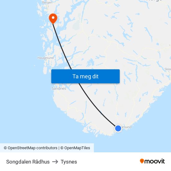 Songdalen Rådhus to Tysnes map