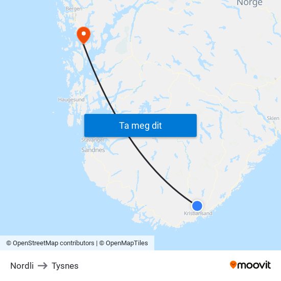 Nordli to Tysnes map