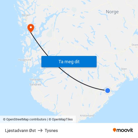 Ljøstadvann Øst to Tysnes map