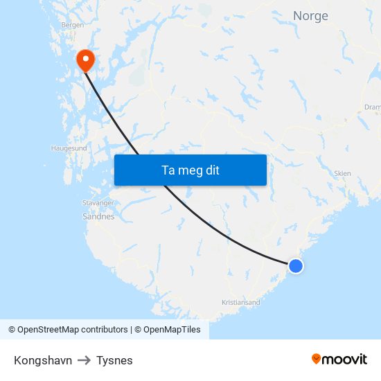 Kongshavn to Tysnes map