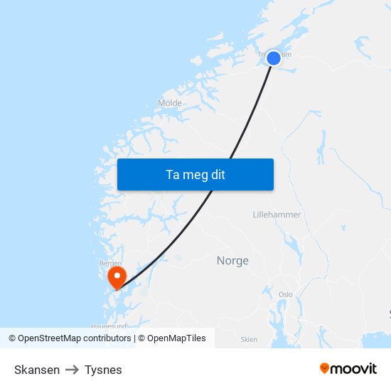 Skansen to Tysnes map