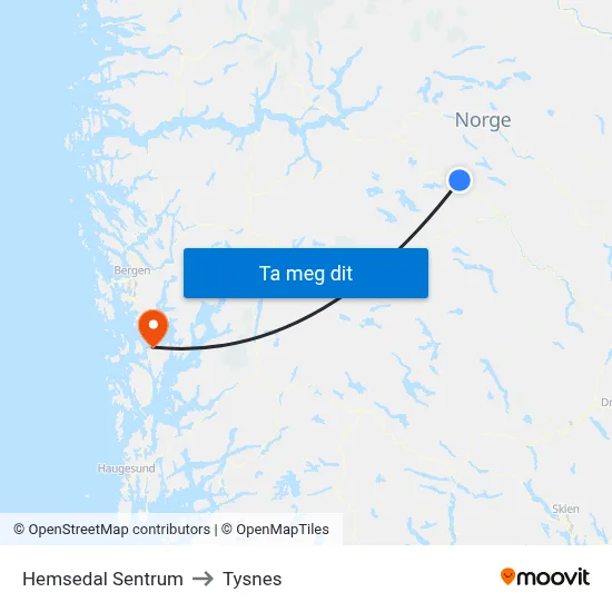 Hemsedal Sentrum to Tysnes map