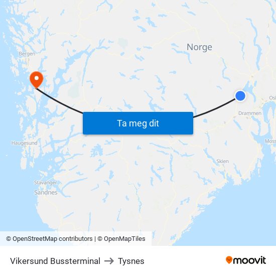 Vikersund Bussterminal to Tysnes map