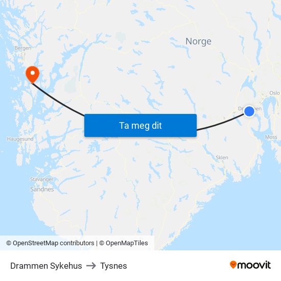 Drammen Sykehus to Tysnes map