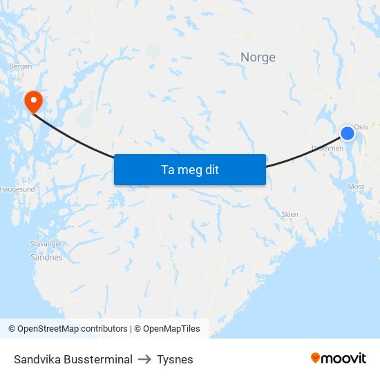 Sandvika Bussterminal to Tysnes map