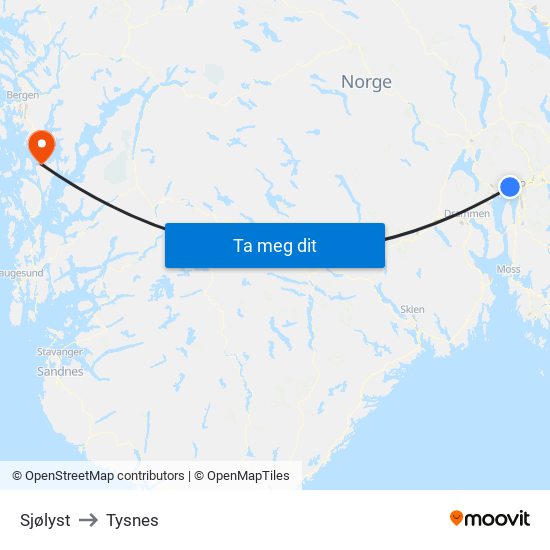 Sjølyst to Tysnes map