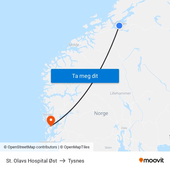 St. Olavs Hospital Øst to Tysnes map
