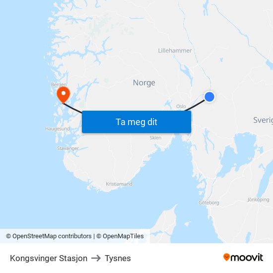 Kongsvinger Stasjon to Tysnes map