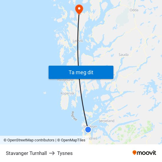 Stavanger Turnhall to Tysnes map
