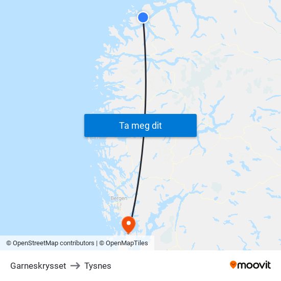 Garneskrysset to Tysnes map