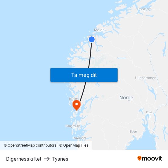 Digernesskiftet to Tysnes map