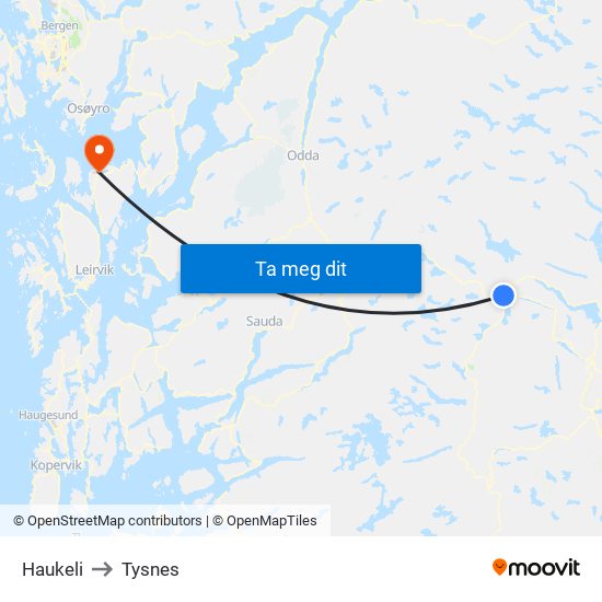 Haukeli to Tysnes map