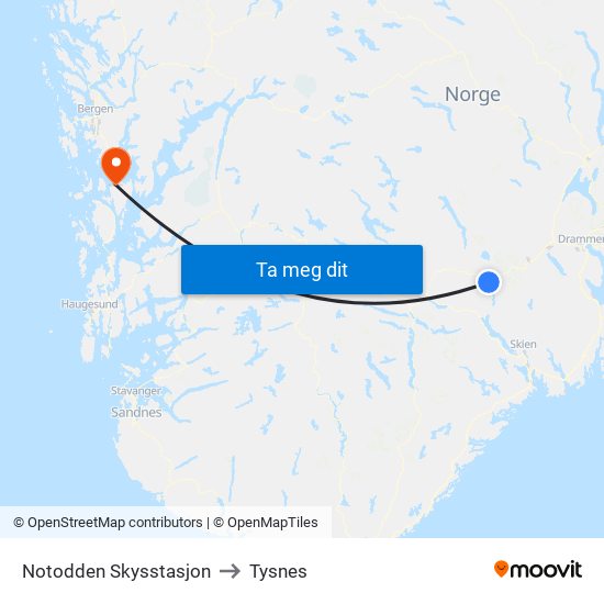 Notodden Skysstasjon to Tysnes map