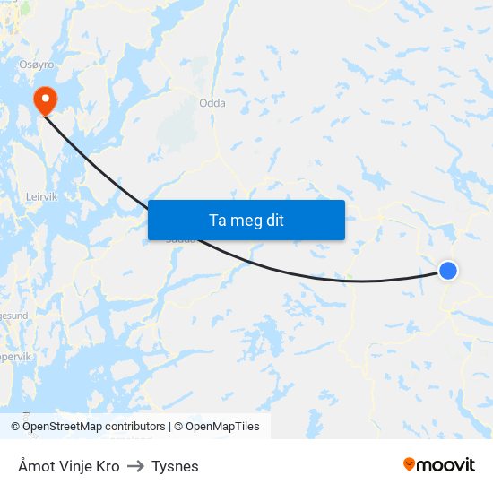 Åmot Vinje Kro to Tysnes map