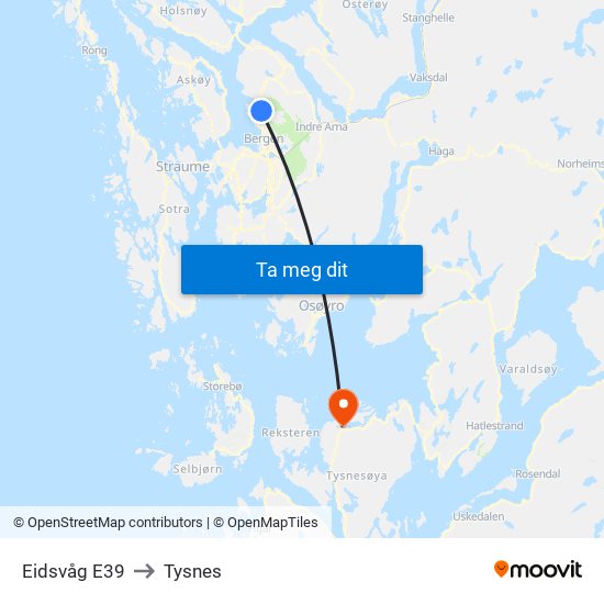 Eidsvåg E39 to Tysnes map
