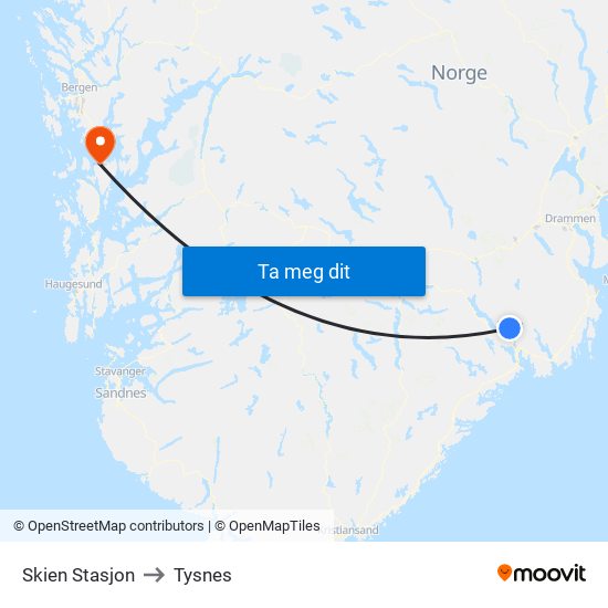 Skien Stasjon to Tysnes map