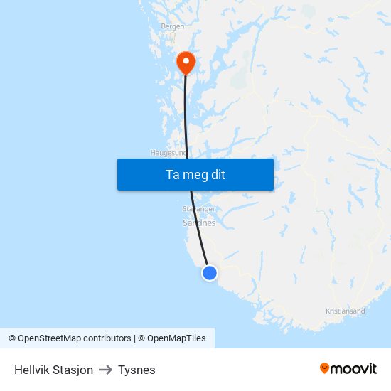 Hellvik Stasjon to Tysnes map
