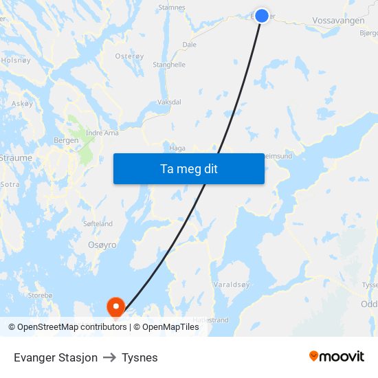 Evanger Stasjon to Tysnes map