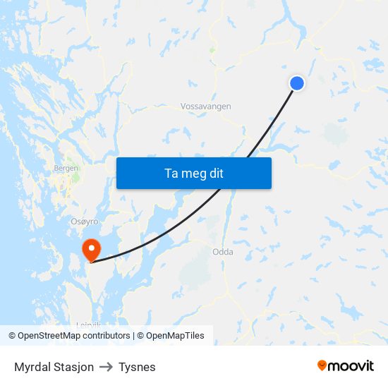 Myrdal Stasjon to Tysnes map