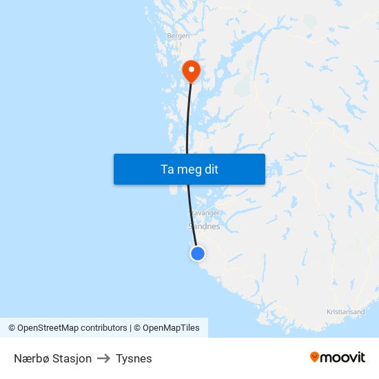 Nærbø Stasjon to Tysnes map