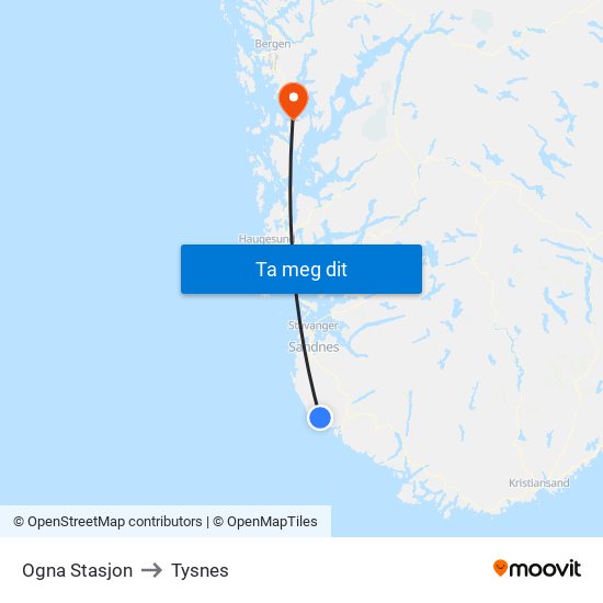 Ogna Stasjon to Tysnes map