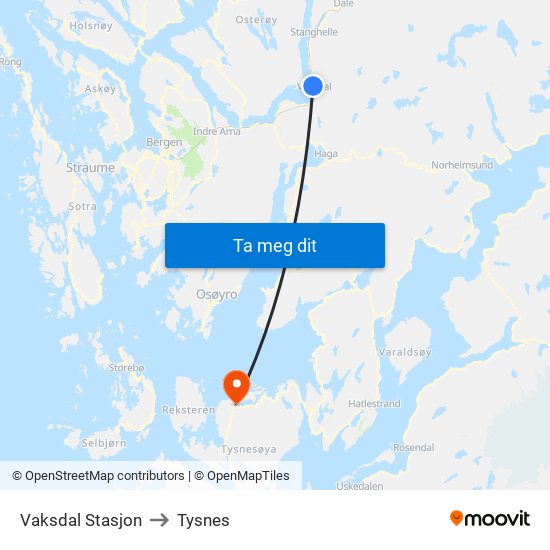 Vaksdal Stasjon to Tysnes map