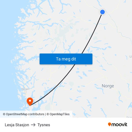 Lesja Stasjon to Tysnes map