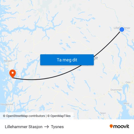 Lillehammer Stasjon to Tysnes map