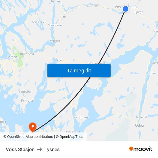 Voss Stasjon to Tysnes map