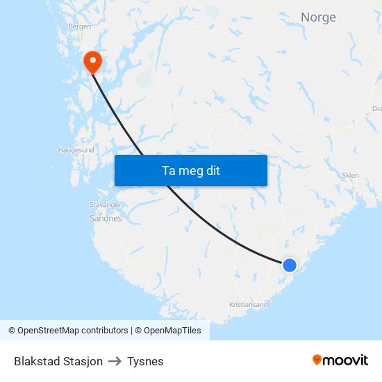 Blakstad Stasjon to Tysnes map