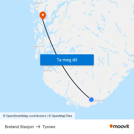 Breland Stasjon to Tysnes map